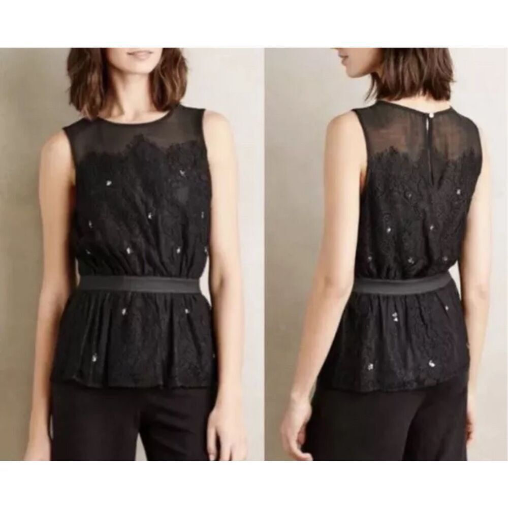 Meadow Rue Anthropologie black lace sleeveless blouse size XS